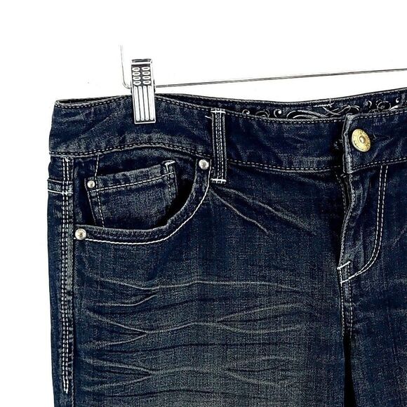 Express Stella Regular Fit Low Rise Blue Brown Denim Whisker Jeans Size 8R 34/33 - Picture 3 of 15